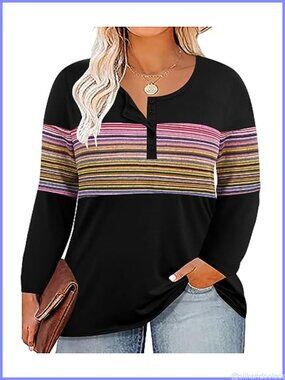 Plus Size Long Sleeve Henley Tunic Color Block Pullover Top